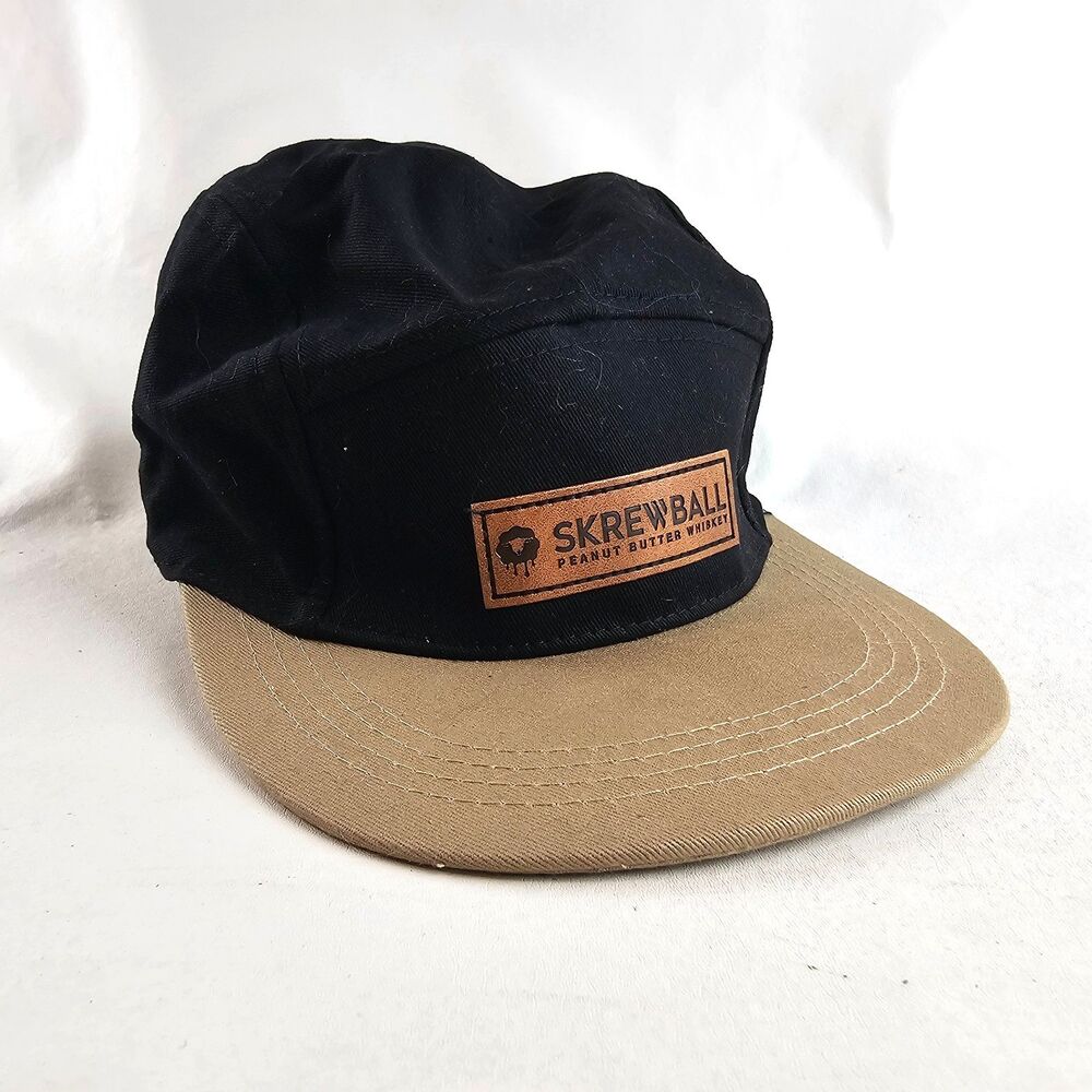 Skrewball Peanut Butter Whiskey Hat Black Tan 5 Panel Strapback Leather Patch
